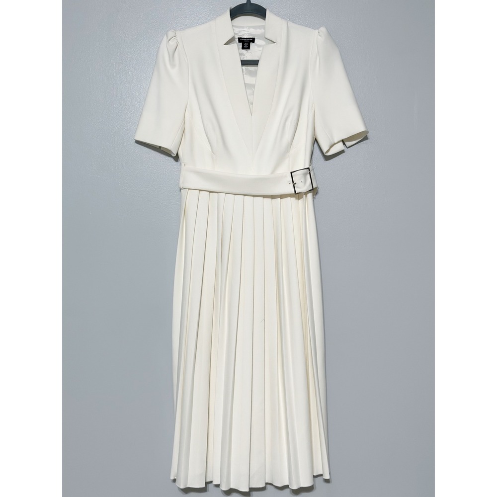 Karen Millen Forever Dress Ivory Pleated Crepe Structured Midi Size 6 Petite